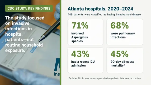 CDC invasive mold disease findings from four Atlanta hospitals, 2020–2024: 71% involved Aspergillus species, 68% were pulmonary infections, 43% had a recent ICU admission, and 45% 90-day all-cause mortality; 2024 cases are excluded from the mortality figure because follow-up data were incomplete.