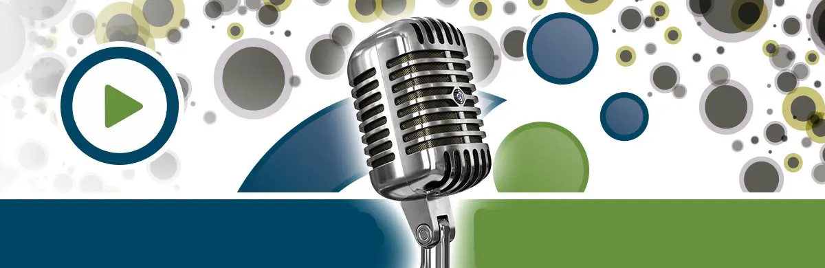 A vintage microphone stands at the center, surrounded by abstract circles and a play button in the background. The design resembles an artistic assessment, with its blue and green color scheme casting a captivating vibe.