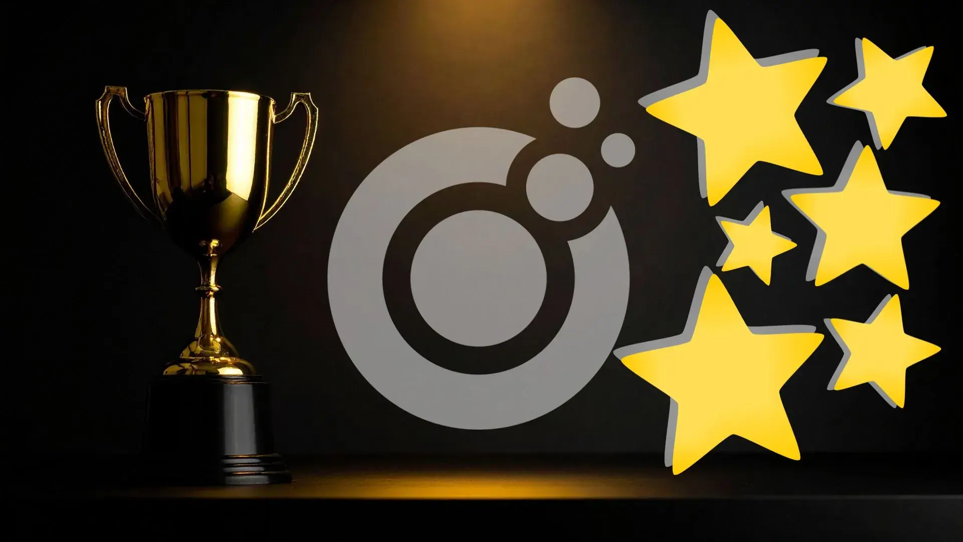 A gold trophy sits on a dark surface next to a large gray circular logo with dots, while five yellow stars of varying sizes float on the right side, suggesting excellence in sampling or assessment.