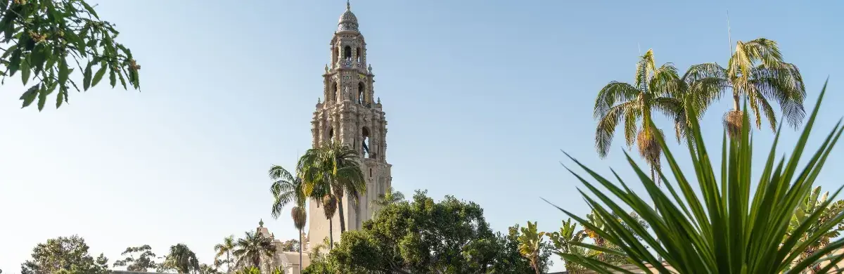 A tall, historic bell tower rises amidst lush greenery and palm trees under a clear blue sky. The architectural details stand out upon inspection, creating an intricate design that complements the surrounding tropical landscape.