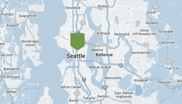 Map highlighting Seattle with a green marker for easy assessment. Surrounding areas include Shoreline, Bothell, Bellevue, and Renton. Major roads like I-5 and I-405 are visible, along with geographic features such as Bainbridge Island and Mercer Island that aid in precise location sampling.