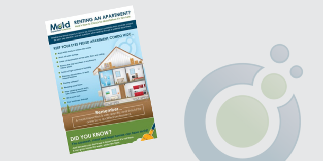 Infographic titled Renting an Apartment? from Mold Aid showcases a home cross-section highlighting mold-prone areas. It includes a reminder about mold testing and a Did You Know? section. The background is adorned with abstract circles.
