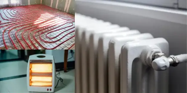 A collage showing underfloor heating pipes under inspection, a close-up of a white radiator, and a small electric space heater glowing orange.