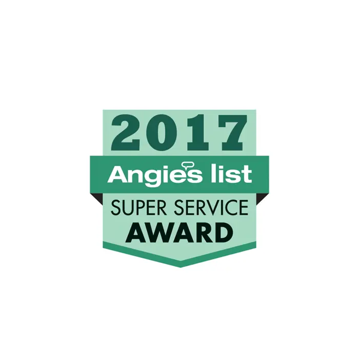 2017 Angies List Super Service Award badge in green and teal colors on a white background, highlighting excellence in inspection and assessment.