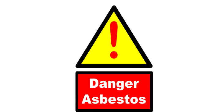 A yellow triangular warning sign with an exclamation mark stands atop a red rectangular sign that reads "Danger Asbestos" in white text, signaling the need for thorough inspection.