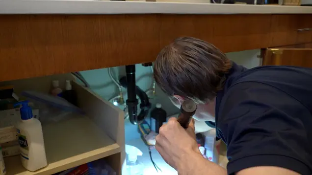 A person is conducting a mold inspection under a kitchen sink with a flashlight. The cabinet doors are open, revealing various cleaning supplies and pipes. The countertop above is partially visible, showcasing a clean and organized kitchen setting.