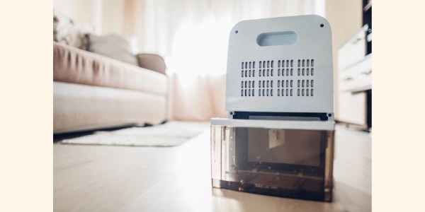 A dehumidifier with its water tank removed sits on a wooden floor in a bright living room, ready for mold investigation, with a sofa and large window in the background.
