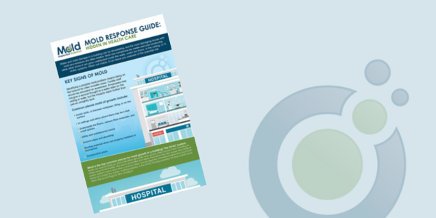 The infographic titled Mold Response Guide: Innovation in Health Care features sections on key signs of mold and includes hospital-related illustrations and text. With a light blue background and a circular design on the right, the guide emphasizes thorough mold assessment and sampling techniques.