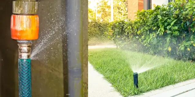 Close-up of a leaking garden hose on the left, spraying water from the connector during an inspection, and a functioning lawn sprinkler on the right, watering a green grassy yard near a hedge and sidewalk.