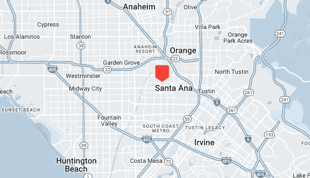 Map of Southern California highlighting Santa Ana in red, crucial for anyone conducting a mold inspection. Surrounding areas like Anaheim, Orange, Irvine, Huntington Beach, and Costa Mesa are featured with major roads and highways visible.