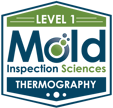 A shield-shaped badge featuring Level 1 Mold Inspection Sciences Thermography, enhanced with a vibrant blue and green color scheme, symbolizes expert mold testing.