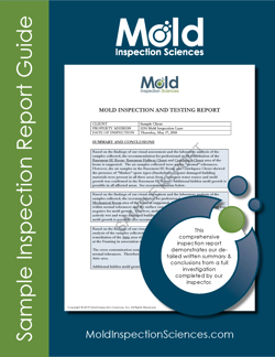 Cover of a sample inspection report guide for Mold Inspection Sciences. It features a detailed assessment and conclusions from a mold inspection, highlighted by a blue circle. The background is green with the text Sample Inspection Report Guide.