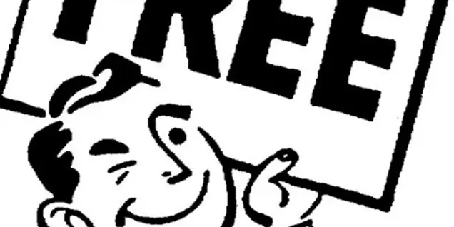 A black and white illustration features a smiling person winking, pointing to a large sign that says FREE—perfect for inspecting the finer details with delight.