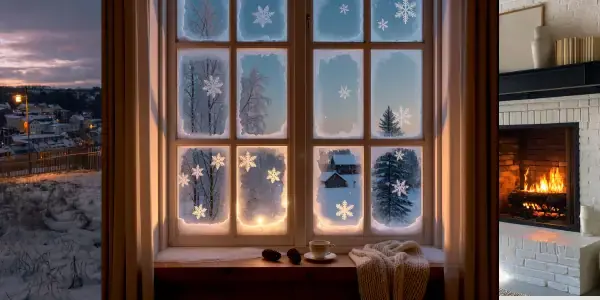 A cozy room with a warm fireplace and a window decorated with snowflake stickers, perfect for an evening of quiet inspection of the snowy landscape outside. A mug, glasses, and knitted scarf rest on the windowsill.