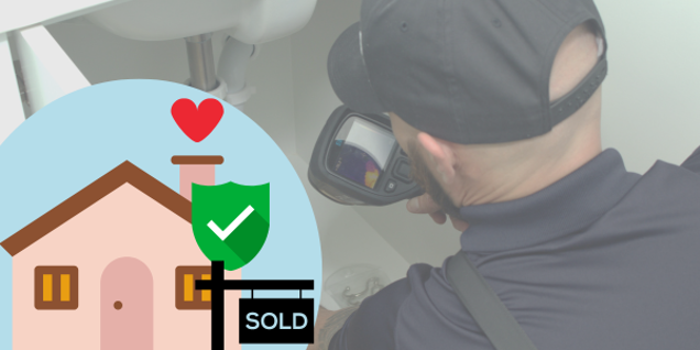 A person in a cap uses a thermal camera to assess under a sink for potential mold. An overlay graphic shows a house with a heart, a shield with a check mark, and a SOLD sign, symbolizing the comprehensive home inspection process.