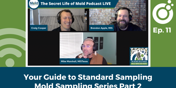 Three men engage in a virtual discussion on The Secret Life of Mold Podcast LIVE Episode 11, diving into Your Guide to Standard Sampling. This episode is part of the Mold Sampling Series Part 2. A logo is displayed in the corners, underscoring a deep dive into inspection methods.