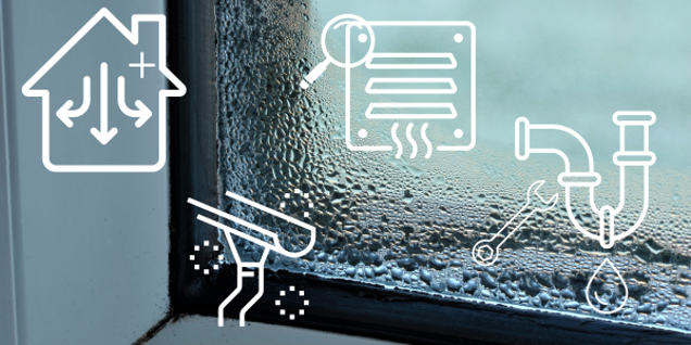 A window with droplets of water and icons, including a house with ventilation arrows, a magnifying glass for investigation, a squeegee wiping away moisture, and a dripping faucet with a wrench. These symbols represent testing in home inspection to prevent mold and ensure proper maintenance.