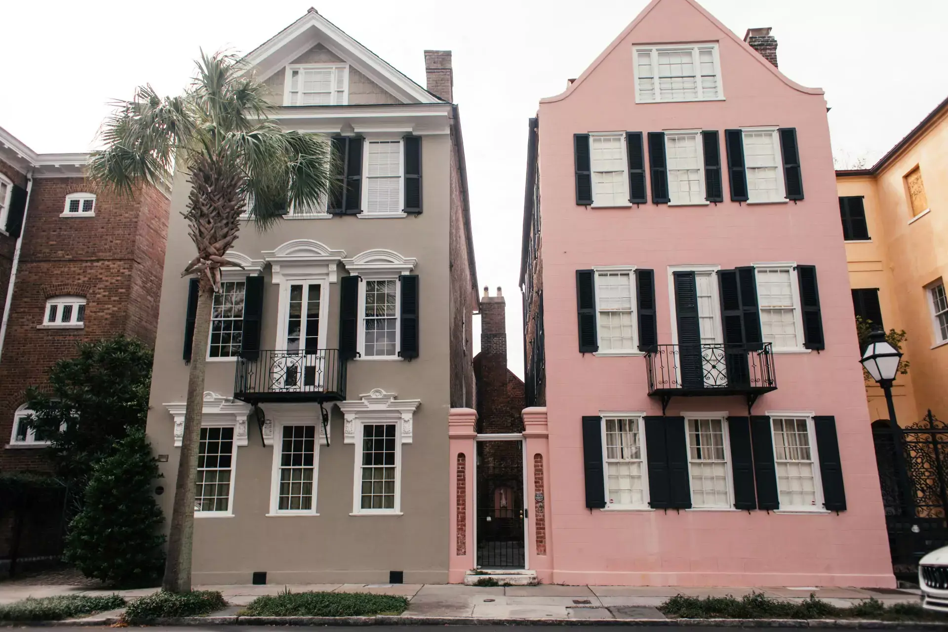 Two adjacent colorful houses, one beige and the other pink, with black shutters and balconies. A tall palm tree stands in front of the left house, offering shade. The classic architecture undergoes regular mold assessments to maintain its charm amidst neatly maintained hedges and a sidewalk.