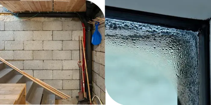 Two images: on the left, a rough basement wall with tools leaning against it and wooden stairs—suggesting an investigation; on the right, a close-up of condensation and water droplets on a window.