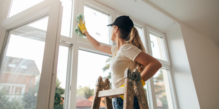 A person wearing a cap and rubber gloves stands on a ladder, meticulously inspecting the large window for mold while cleaning it with a cloth in a brightly lit room. The view outside shows trees and part of a house under the clear sky.