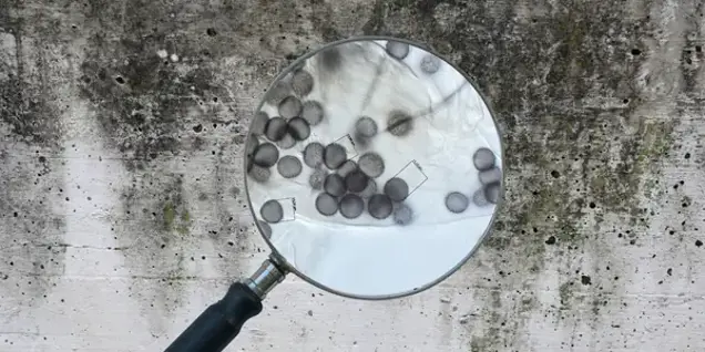 A magnifying glass held over a weathered, stained concrete wall reveals several circular, dark spots—possible mold—suggesting the need for further testing and sampling not visible outside the lens.