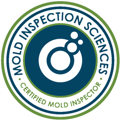 A circular emblem with Mold Inspection Sciences written around the top in blue and Certified Mold Inspector at the bottom. The center showcases a stylized blue and white mold spore design, flanked by green and blue outer borders, representing a rigorous mold assessment process.