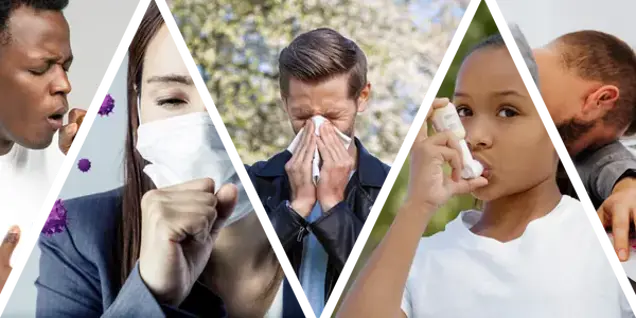 A collage showing a man coughing, a woman wearing a mask while coughing, a man sneezing outdoors, a young girl using an inhaler, and a child receiving an asthma inhaler from an adult after a mold inspection or investigation.
