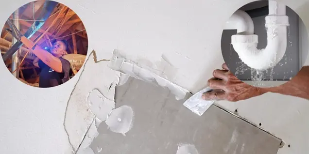 A person repairs drywall with a putty knife. Inset circles show a plumber conducting an assessment of pipes and a leaking pipe under a sink with water dripping.