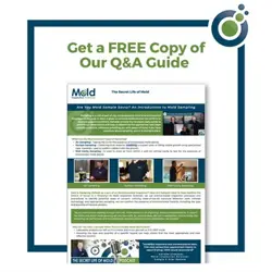 Promotional flyer offering a free Q&A guide about mold inspection. The design includes text sections, a podcast logo at the bottom, and a green and white color scheme with a circular graphic in the corner.