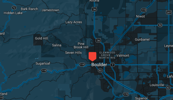 A map designed for investigation highlights Boulder, Colorado. The dark blue background contrasts with white-labeled roads and surrounding areas. Major highways and city names like Lazy Acres, Sugarloaf, and Glenwood Grove are clearly visible, aiding in thorough geographical assessment.