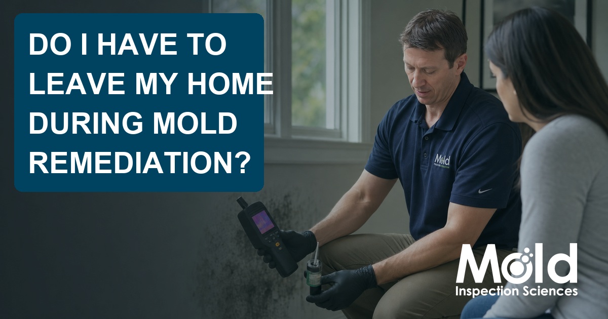 A mold inspector explains remediation to a woman while conducting an assessment for mold; a large text box reads, “Do I have to leave my home during mold remediation?” Mold is visible on the wall.