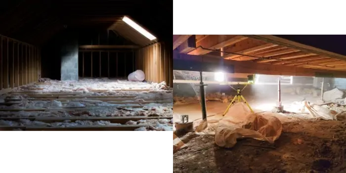 Split image: On the left, an unfinished attic with exposed beams and scattered insulation. On the right, a crawl space with a dirt floor, wooden beams above, and a work light illuminating the area—ideal spots for mold inspection or assessment.