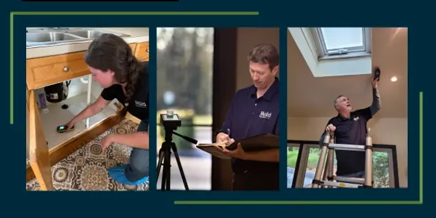 Three images depict a woman conducting an inspection under a sink, a man taking notes beside a tripod, and another man on a ladder investigating a ceiling vent with a flashlight. They all wear dark uniforms with MIC logos.