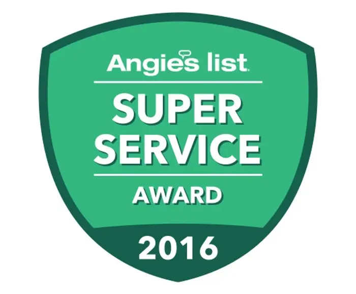 A green shield-shaped badge reads, Angies List Super Service Award 2016 in white text, highlighting excellence in inspection and service quality.