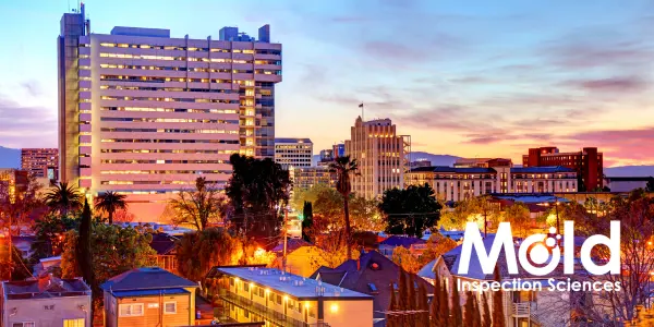 City skyline at sunset with tall buildings and palm trees, offering a serene backdrop for precision sampling. Mold Inspection Sciences is written in the lower right corner.