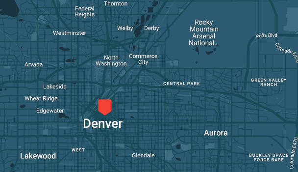 A stylized map highlighting Denver, with surrounding areas like Lakewood, Aurora, and North Washington. Features include major roads and geographical landmarks such as the Rocky Mountain Arsenal National Wildlife Refuge, perfect for sampling local wildlife habitats and natural beauty.