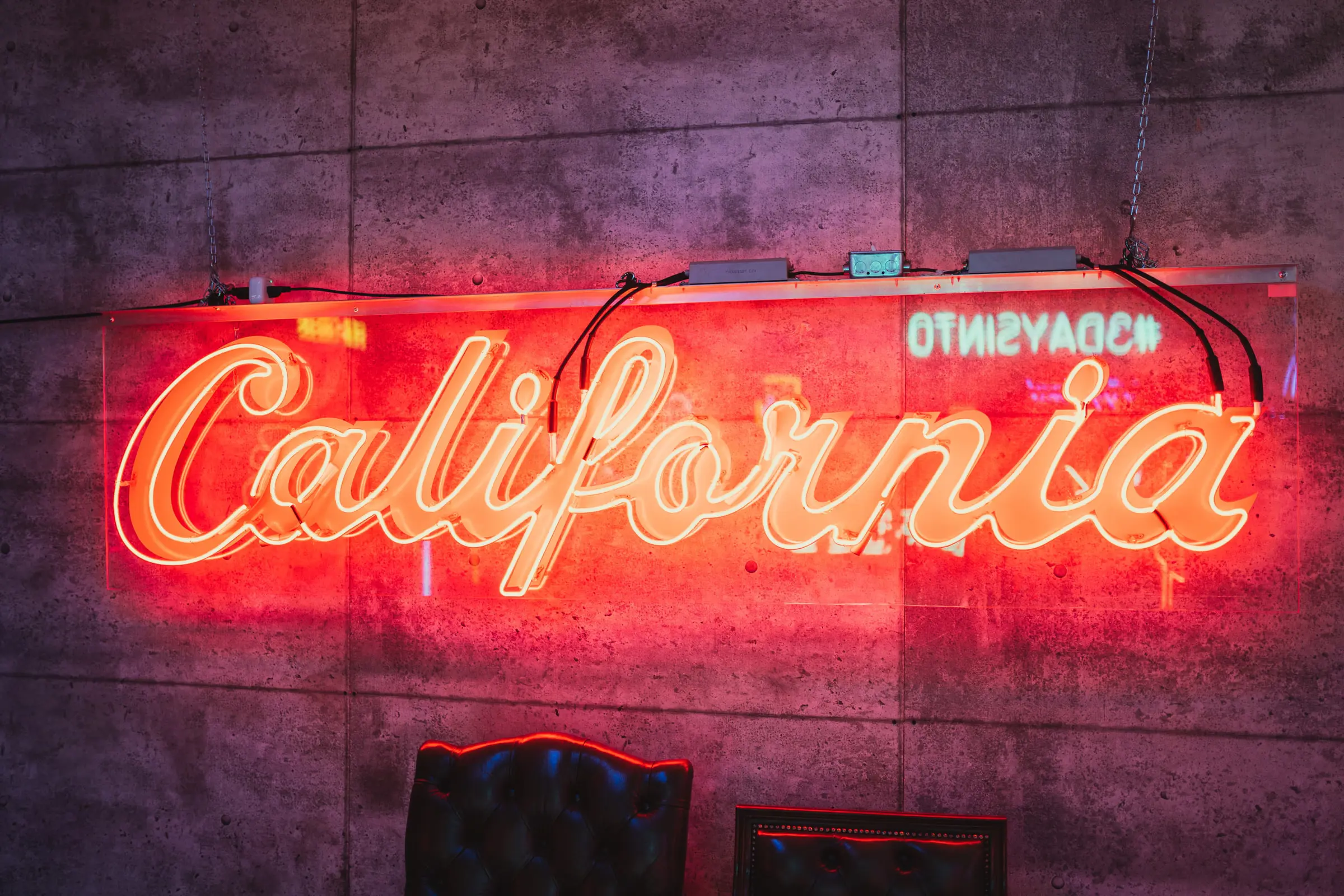 A neon sign reading California glows vibrantly in red against a textured gray wall, resembling the layers often revealed in a mold assessment. A portion of a dark, tufted chair is visible at the bottom of the image.