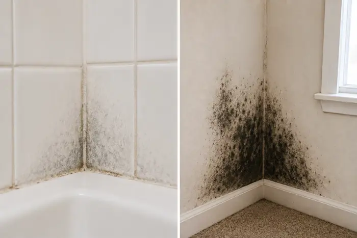 Side-by-side images show black mold growing in the corner of a tiled bathroom wall (left) and in the corner of a carpeted room near a window (right), highlighting areas that may require mold inspection or assessment.
