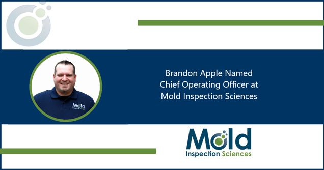 Man in a polo shirt with Mold Inspection Sciences logo. Text reads, Brandon Apple Named Chief Operating Officer at Mold Inspection Sciences, enhancing our testing and sampling processes. Logo of Mold Inspection Sciences is at the bottom right.