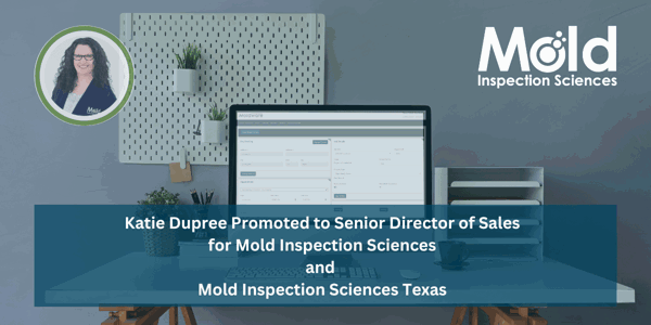 A modern office desk setup with a computer screen displaying a software dashboard. A wall organizer holds supplies. Text on image announces Katie Duprees' promotion to Senior Director of Sales, following her exceptional work in mold assessment at Mold Inspection Sciences and Mold Inspection Sciences Texas.