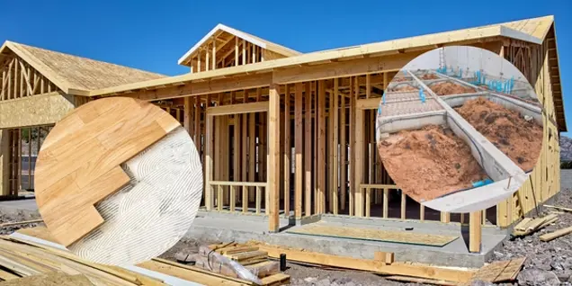 A wooden house under construction with two inset circles showing close-ups of wood flooring installation and plumbing pipes in a foundation trench, highlighting the importance of mold assessment during building and regular testing for safety.