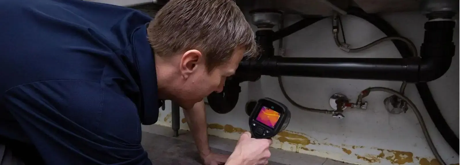 A man uses a handheld thermal imaging camera to inspect pipes under a sink, conducting an inspection for leaks or mold issues.