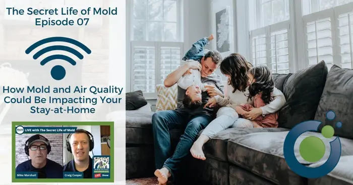A family of four joyfully plays on a sofa, embodying the spirit of Episode 07, "The Secret Life of Mold." This podcast delves into mold's impact and air quality assessment on stay-at-home life. Images feature our two engaging podcast hosts.