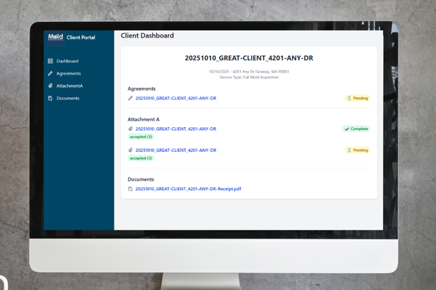 A computer screen displays a client dashboard with sections for agreements, attachments, and documents related to mold testing and sampling. Some items are marked as “Pending” and one as “Complete.” The dashboard has a blue sidebar menu.