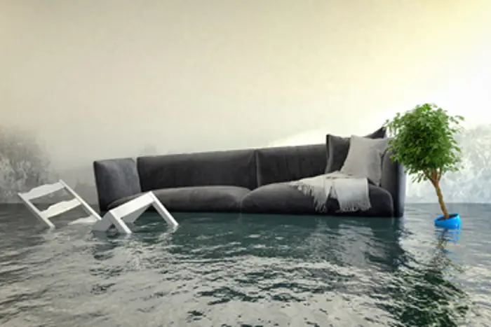 A modern living room partially submerged in water, with a dark gray sofa and a small green plant on a wooden stool. Following an inspection, the minimal decor features a tilted white chair.