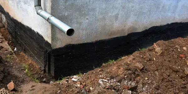 A house foundation partially covered in black waterproofing material, with a downspout pipe extending from the wall above soil and loose dirt near the building's base—ideal for mold inspection or further investigation.
