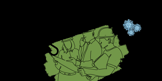 Illustration of diverse professionals, including a doctor, pilot, businessperson, and construction worker, reviewing documents with a backdrop of paint and virus icons. This scene symbolizes work challenges in a pandemic while highlighting the importance of mold testing during health crises.