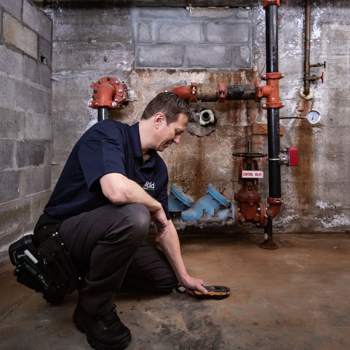 A person kneels on the floor in a basement, conducting a mold assessment with a device held near the ground. Behind them, a series of pipes and valves adorn the wall. The industrial environment is accentuated by their dark uniform.