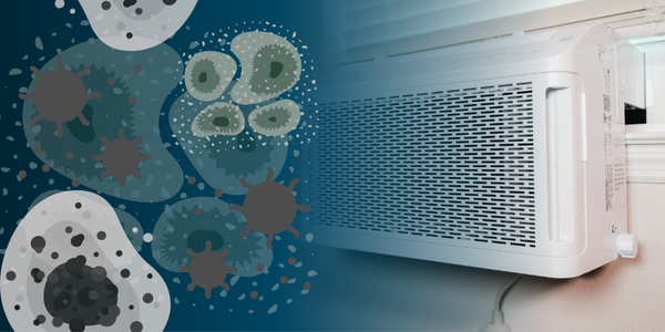 Close-up of a window air conditioner on the right; the left side features illustrated germs and bacteria, suggesting an assessment of microorganisms present in the air.