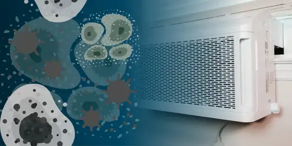 Close-up of a window air conditioner on the right; the left side features illustrated germs and bacteria, suggesting an assessment of microorganisms present in the air.